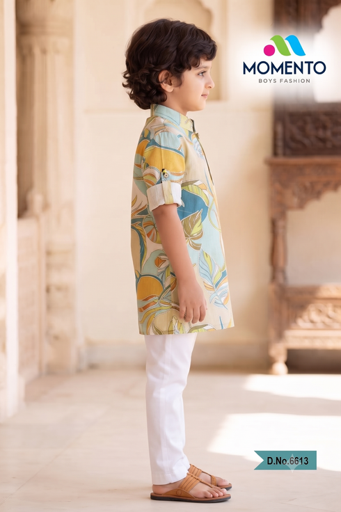 Kids Cotton Kurta Pyjama Set for Boys | Leaf Printed Ethnic Wear