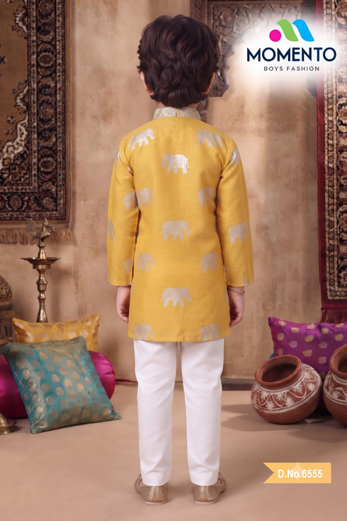 Mustard Yellow Cotton Kurta Pyjama for Boys | Silver Embroidered Ethnic Wear