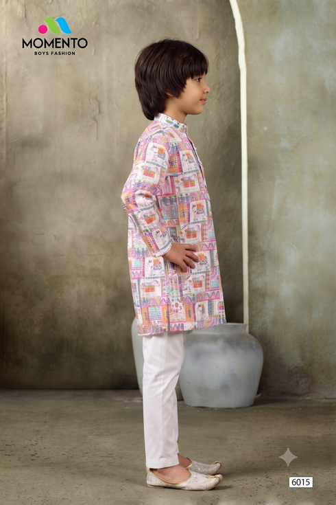 Kids Multicoloured Cotton Kurta | Festive Ethnic Wear with White Trousers