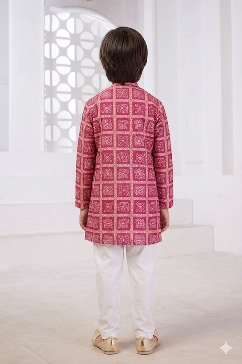 Momento Fashions Boys Pink Printed Cotton Kurta Pajama Set