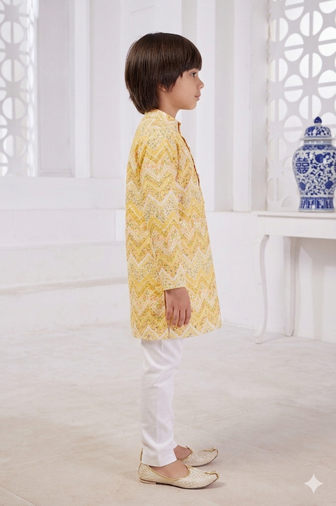 Momento Fashions Boys Yellow Printed Cotton Kurta Pajama Set