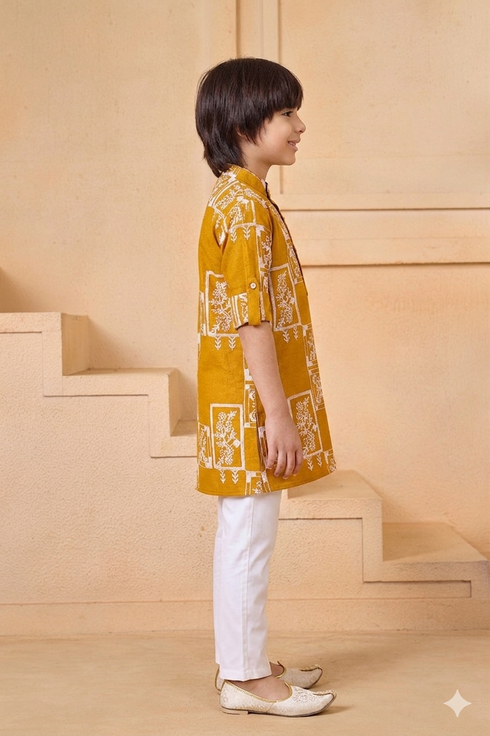 Momento Fashions Boys Block Printed Cotton Kurta Pajama Set