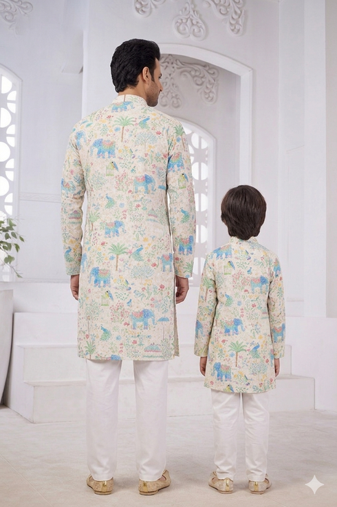 Momento Fashions Father–Son Matching Heritage Elephant Printed Cotton Kurta Set