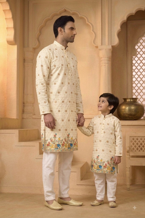 Off White Matching Kurta Set for Father & Son | Momento Fashions