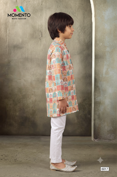 Kids Cream Kurta Pyjama | Multicolour Grid Print Cotton Ethnic Wear
