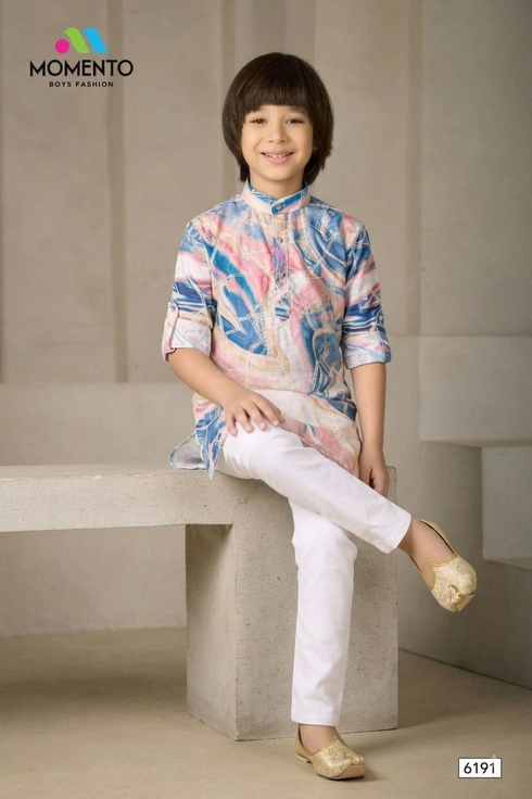 Boys Cotton Kurta Light Pink with Blue Print | Festive Ethnic Wear