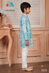 Kids Aqua Blue Kurta Pyjama Set | Teal Geometric Print & White Trousers