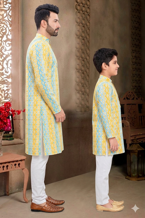 Momento Fashions Father–Son Matching Geometric Printed Cotton Kurta Set