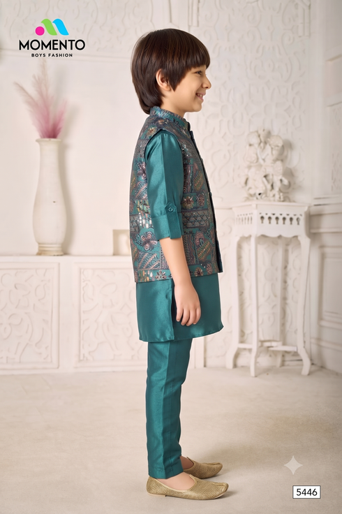 Teal Cotton Kurta Pyjama & Waistcoat Set for Kids | Festive Wear