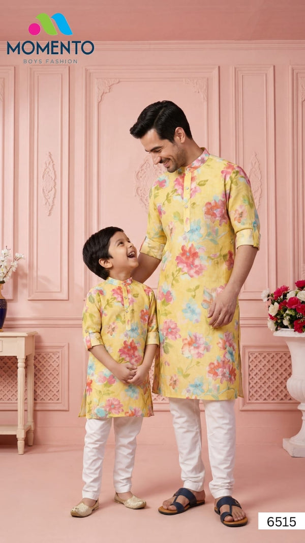 Yellow Father Son Matching Outfit | Floral Kurta for Festivals & Weddings