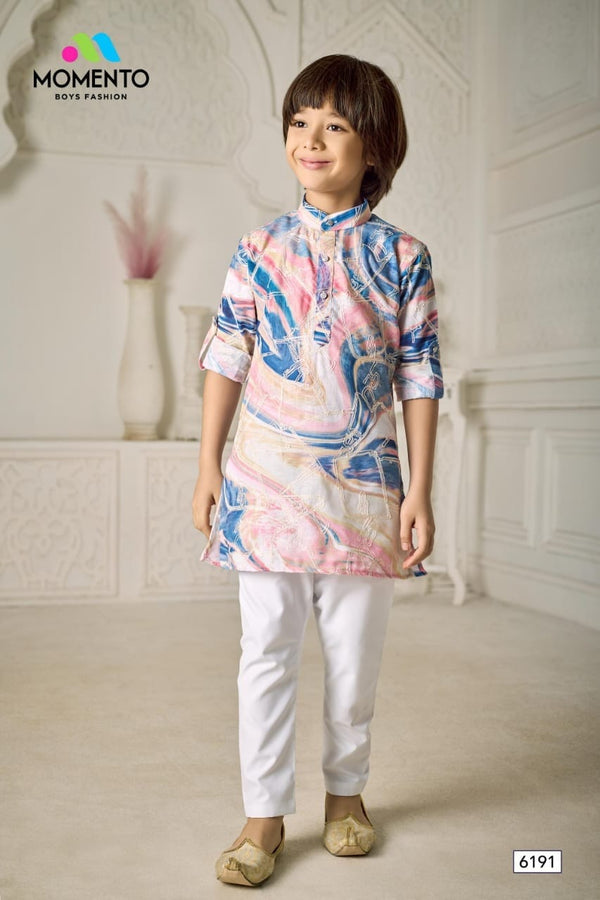 Boys Cotton Kurta Light Pink with Blue Print | Festive Ethnic Wear