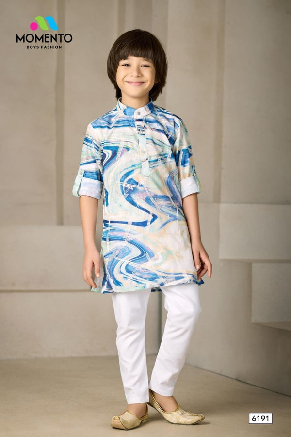 Cream & Blue Printed Kurta for Boys | 100% Cotton Ethnic Wear