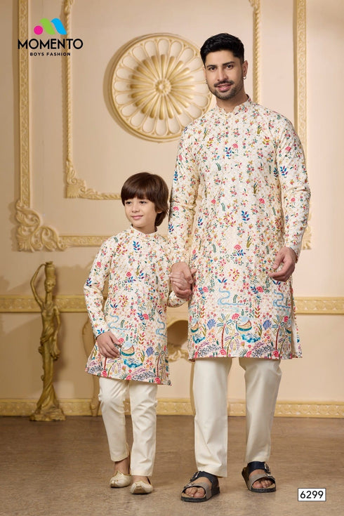 White Floral Father Son Combo | 100% Cotton | Momento Fashions
