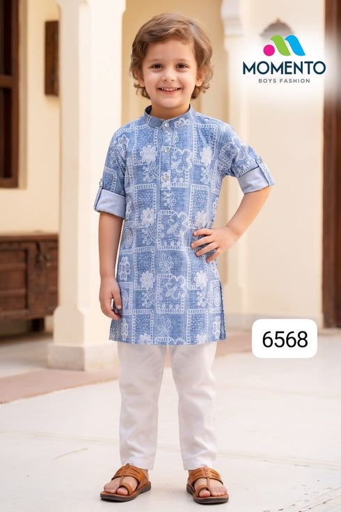 Kids Blue Cotton Kurta Pyjama Set with White Print | Ethnic Wear
