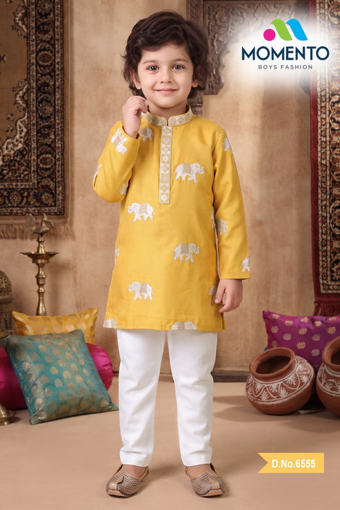 Mustard Yellow Cotton Kurta Pyjama for Boys | Silver Embroidered Ethnic Wear