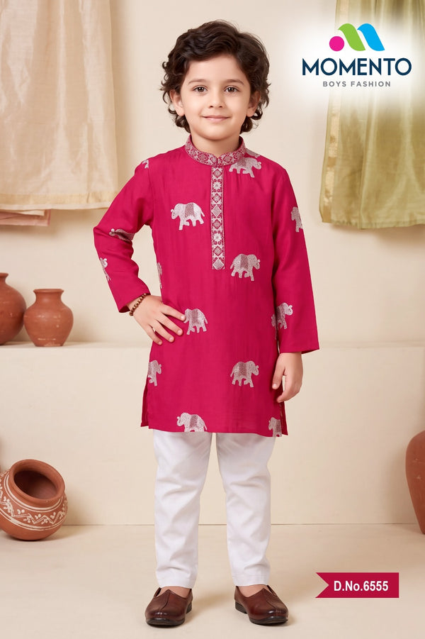 Kids Dark Pink Kurta Pyjama Set | Cotton Ethnic Wear with Silver Details