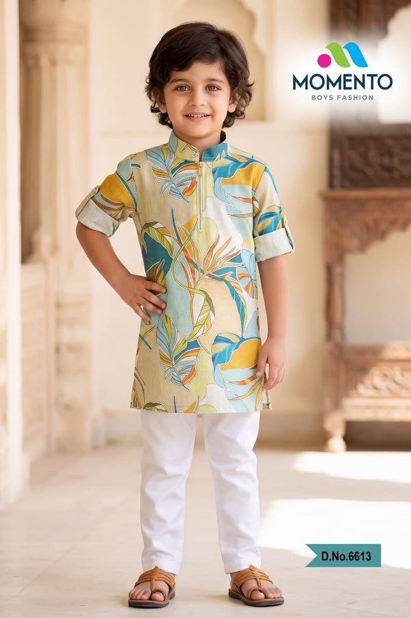 Kids Cotton Kurta Pyjama Set for Boys | Leaf Printed Ethnic Wear