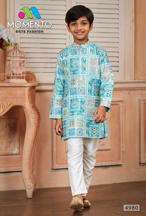 Kids Aqua Blue Kurta Pyjama Set | Teal Geometric Print & White Trousers