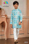 Kids Aqua Blue Kurta Pyjama Set | Teal Geometric Print & White Trousers