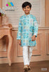 Kids Aqua Blue Kurta Pyjama Set | Teal Geometric Print & White Trousers