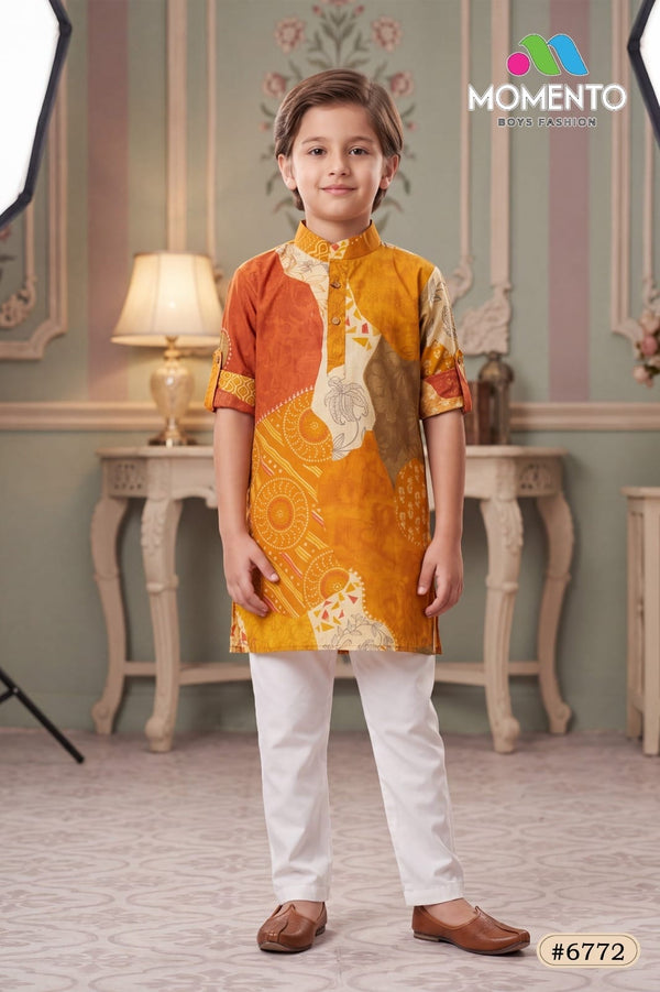 Kids Mustard Yellow Kurta Pyjama Set | Patchwork Print & White Trousers