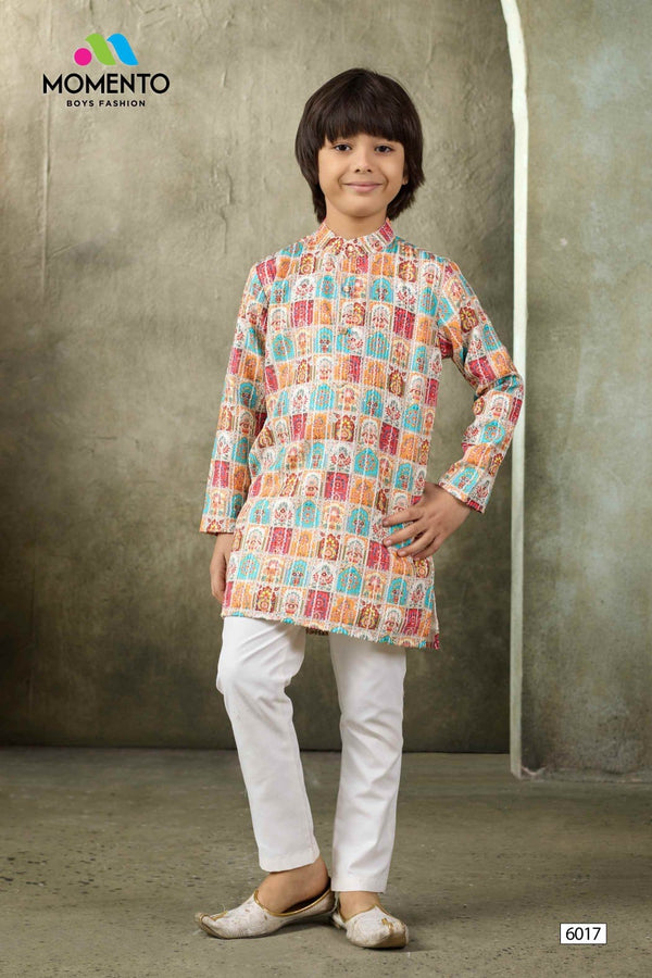 Kids Cream Kurta Pyjama | Multicolour Grid Print Cotton Ethnic Wear