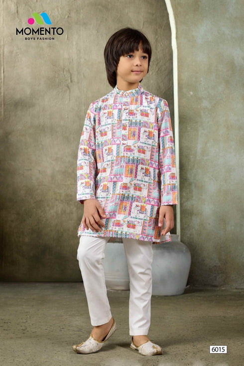 Kids Multicoloured Cotton Kurta | Festive Ethnic Wear with White Trousers