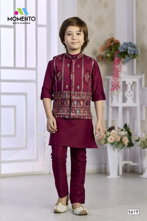 Kids Wine Ethnic Kurta Pyjama | Gold & Teal Embroidered Waistcoat