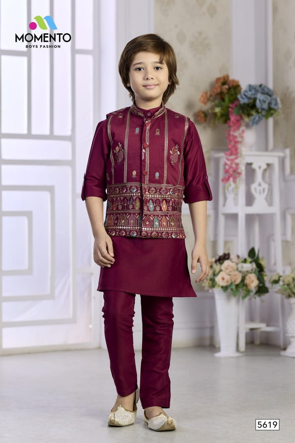 Kids Wine Ethnic Kurta Pyjama | Gold & Teal Embroidered Waistcoat