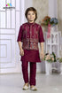 Kids Wine Ethnic Kurta Pyjama | Gold & Teal Embroidered Waistcoat