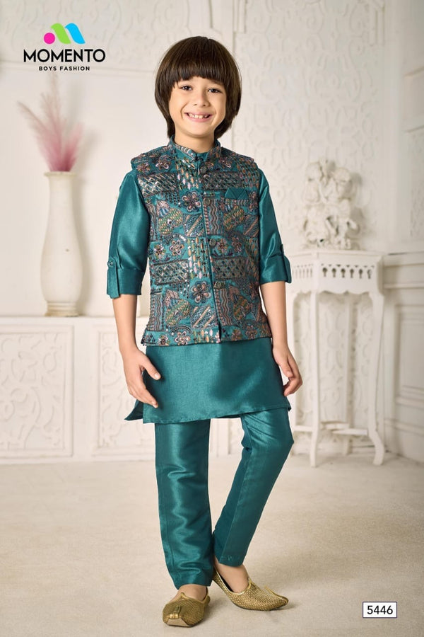 Teal Cotton Kurta Pyjama & Waistcoat Set for Kids | Festive Wear